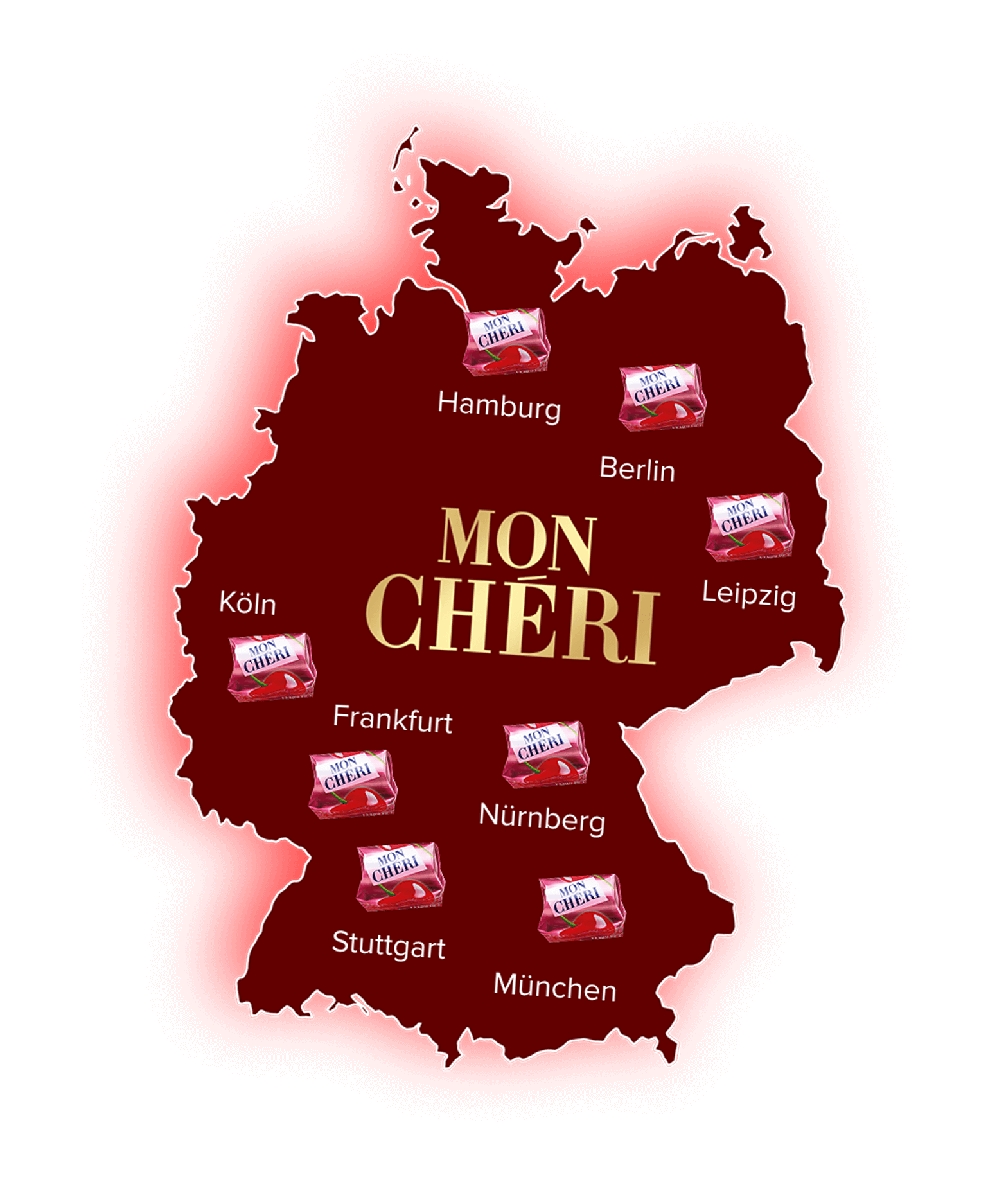 Deutschlandkarte mit den Städten, in denen Mon Chéri zu Besuch kommt