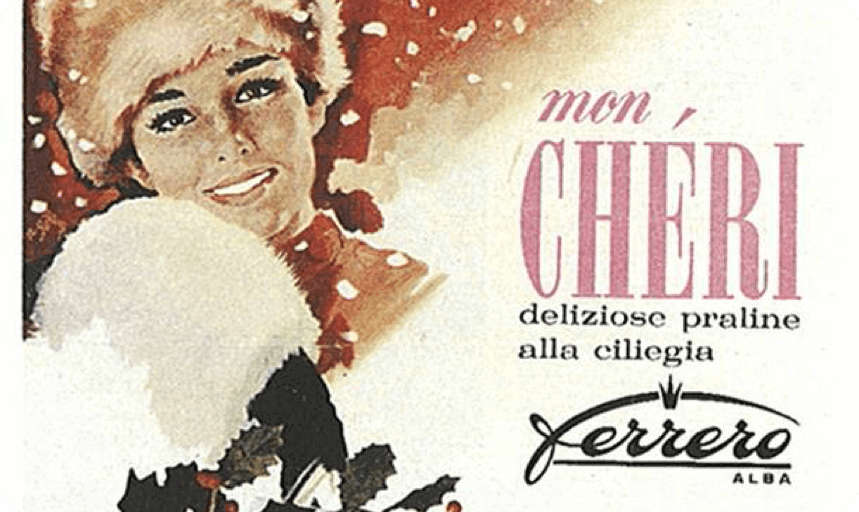 Werbeanzeige Mon Chéri aus vergangenen Tagen - winterlich in italienisch